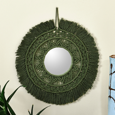 Handwoven Green Cotton Macrame Wall Accent Mirror