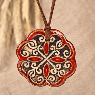Floral Handcrafted Red and Black Ceramic Pendant Necklace
