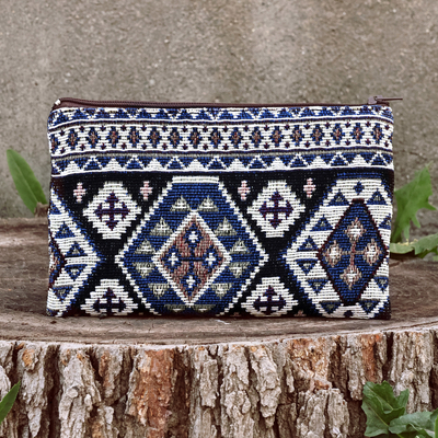 Classic Geometric-Patterned Blue Cotton Cosmetic Bag