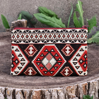 Classic Geometric-Patterned Red Cotton Cosmetic Bag