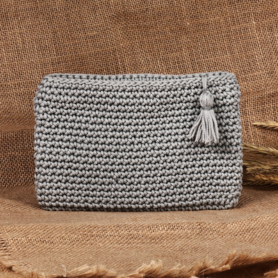 Grey Crocheted Cosmetic Bag with Tassel Handmade in Armenia