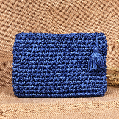 Crocheted Cosmetic Bag in Blue with Tassel from Armenia