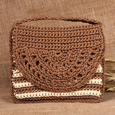 Crocheted Striped Clutch and Handle Bag in Brown and Ivory