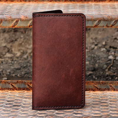 Brown Leather Card Holder with 12 Slots and Bill Compartment