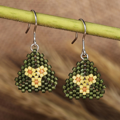 Floral-Themed Green and Yellow Glass Beaded Dangle Earrings