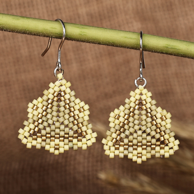 Pyramid-Themed Golden and Beige Glass Beaded Dangle Earrings