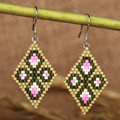 Classic Floral Diamond-Shaped Glass Beaded Dangle Earrings