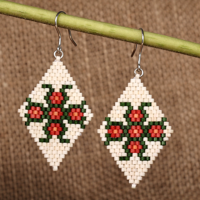 Floral Glass Beaded Dangle Earrings in Ivory and Red Hues