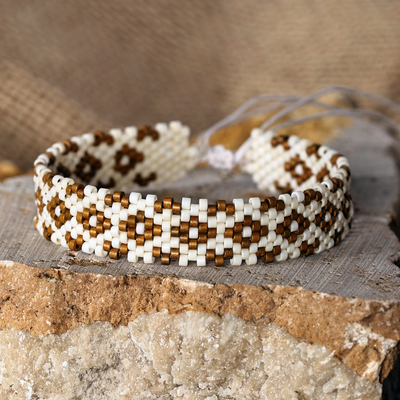 Armenian-Made Floral Golden Glass Beaded Wristband Bracelet