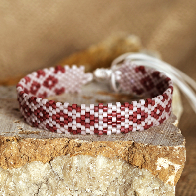 Artisan Handmade Floral Red Glass Beaded Wristband Bracelet