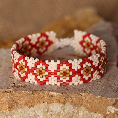 Folk Art Spring-Themed Red Glass Beaded Wristband Bracelet