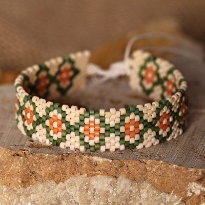 Traditional Floral Green Glass Beaded Wristband Bracelet