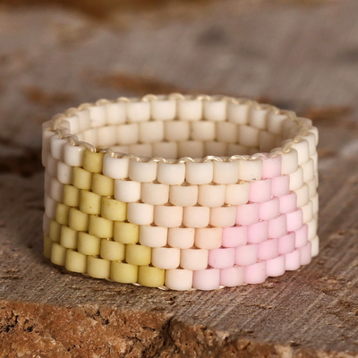 Geometric-Patterned Glass Beaded Band Ring in Pastel Hues