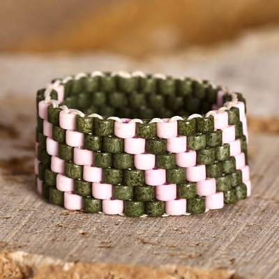 Striped Pink and Green Glass Beaded Band Ring from Armenia