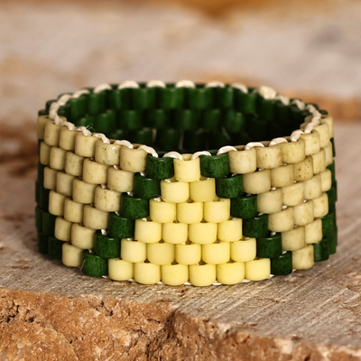 Handmade Pyramid-Themed Yellow and Green Glass Beaded Ring