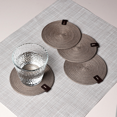 Set of 4 Brown Cotton Rope Coasters with Leather Accents