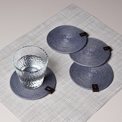 Set of 4 Cotton Rope Coasters in Blue with Leather Accent