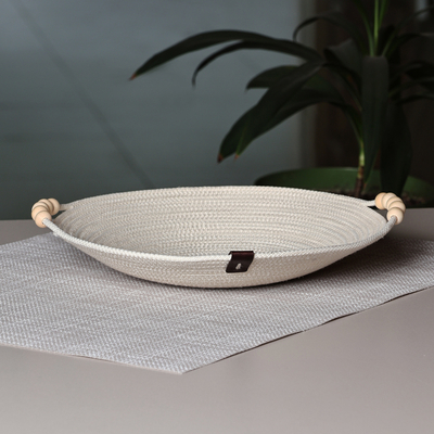 Cotton Rope Catchall with Wooden Beads and Leather Accent