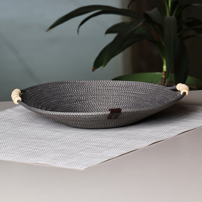 Grey Cotton Rope Catchall with Wood Beads and Leather Accent