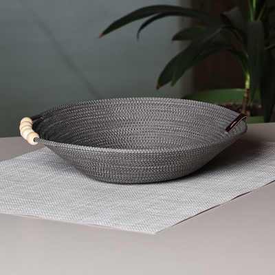 Cotton Rope Wood Beads Leather Accented Bowl in Grey Hue