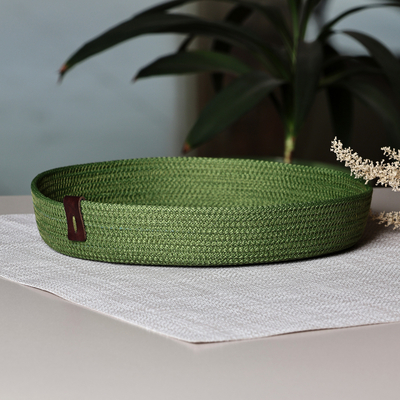 Handcrafted Green Cotton Rope Tray with Leather Accent