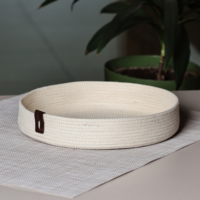 Handcrafted Ivory Cotton Rope Catchall with Leather Accent