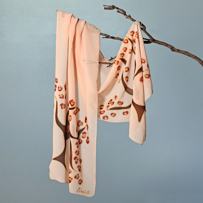 Hand-Painted Tree of Life-Themed Silk Scarf in a Peach Hue