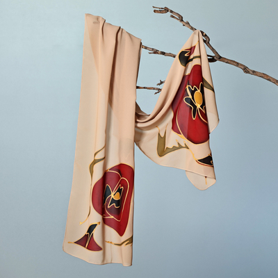 Armenian-Made Hand-Painted Red Tulip Silk Scarf in Beige