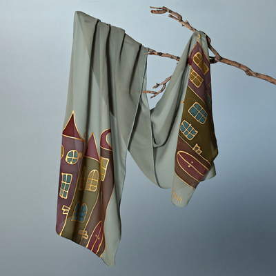 Artisan-Made Hand-Painted Cityscape-Themed Green Silk Scarf