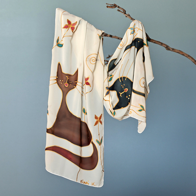 Feline-Themed Hand-Painted Ivory Silk Scarf Made in Armenia