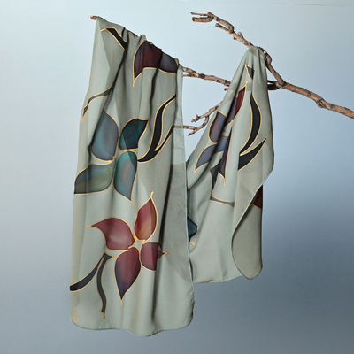 Handcrafted Armenian Floral Soft Silk Scarf in Green Hues