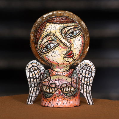 Antiqued Crackled Angel and Fish-Themed Ceramic Sculpture