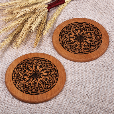 Hand-Carved Pair of Floral Beechwood Coasters from Armenia