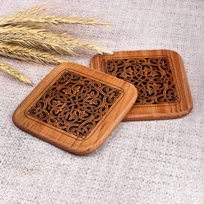 Vine-Themed Pair of Square Beechwood Coasters from Armenia