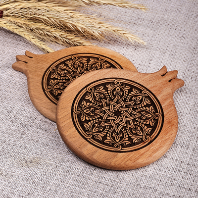 Pair of Pomegranate-Shaped Beechwood Coasters