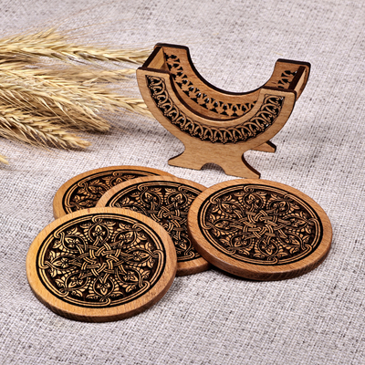 Armenian Hand-Carved Beechwood Coaster and Stand 5-Piece Set