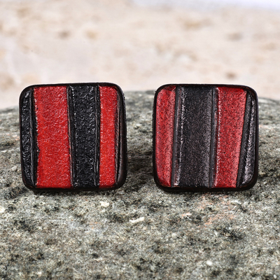 Minimalist Striped Black and Crimson Leather Button Earrings