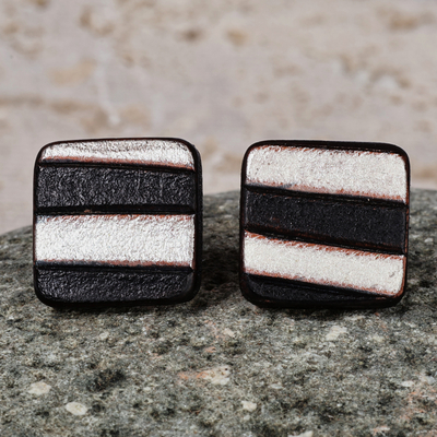 Avant-Garde Striped Black and Silver Leather Button Earrings