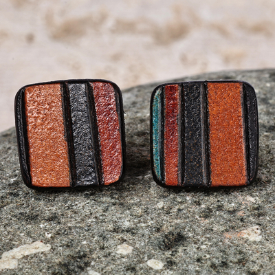 Modern Square Striped Multicolor Leather Button Earrings