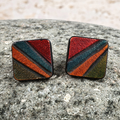 Classic Striped Multicolor Square Leather Button Earrings