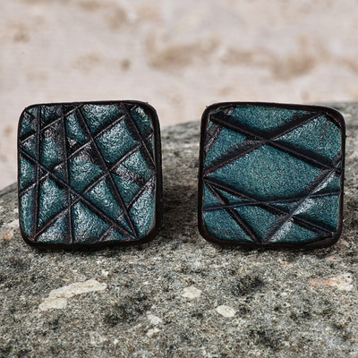 Handcrafted Modern Leather Button Earrings in Teal and Black