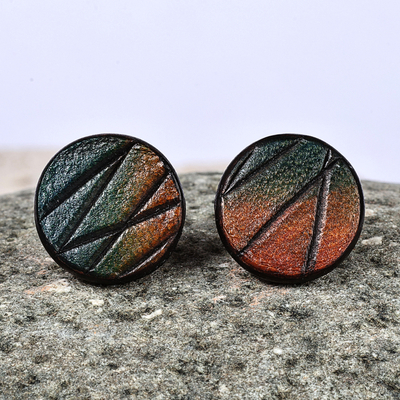 Modern Round Leather Button Earrings in Brown and Teal Hues