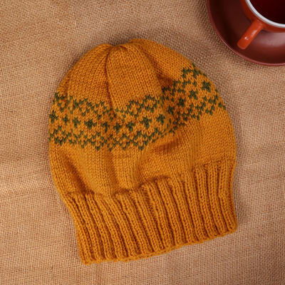 Armenian-Made Marigold and Green Acrylic and Wool Knit Hat