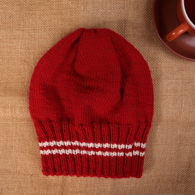 Artisan-Made Striped Red Acrylic and Wool Blend Knit Hat