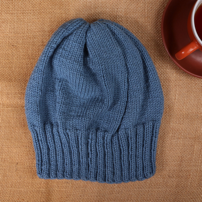 Blue Acrylic and Wool Blend Knit Hat Crafted in Armenia