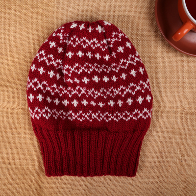 Snowflake-Patterned Burgundy Acrylic and Wool Blend Knit Hat