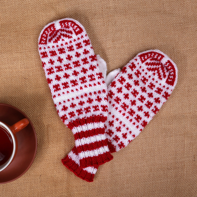 Handcrafted Wool Blend Knit Mittens in White and Red Hues