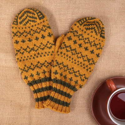 Armenian Marigold and Green Acrylic and Wool Knit Mittens