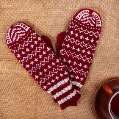 Snowflake-Themed Burgundy and White Wool Blend Knit Mittens