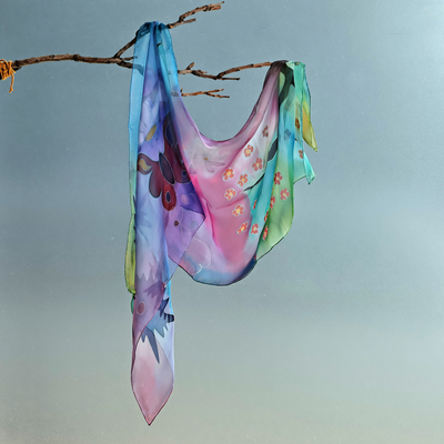 Fantasy-Themed Floral Multicolor Silk Scarf Painted by Hand